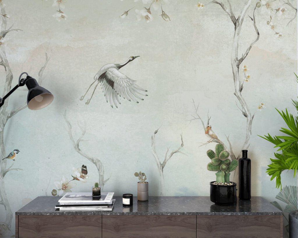 Sage Stork Branch Wallpaper : Misty Green Bird Mural - View 4