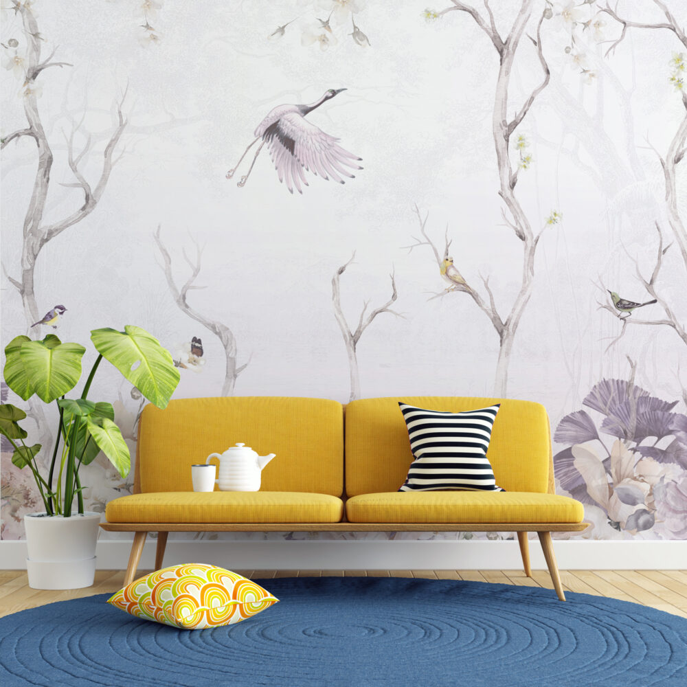 Pale Lilac Stork Wallpaper : Soft Bare Branch Mural - View 6