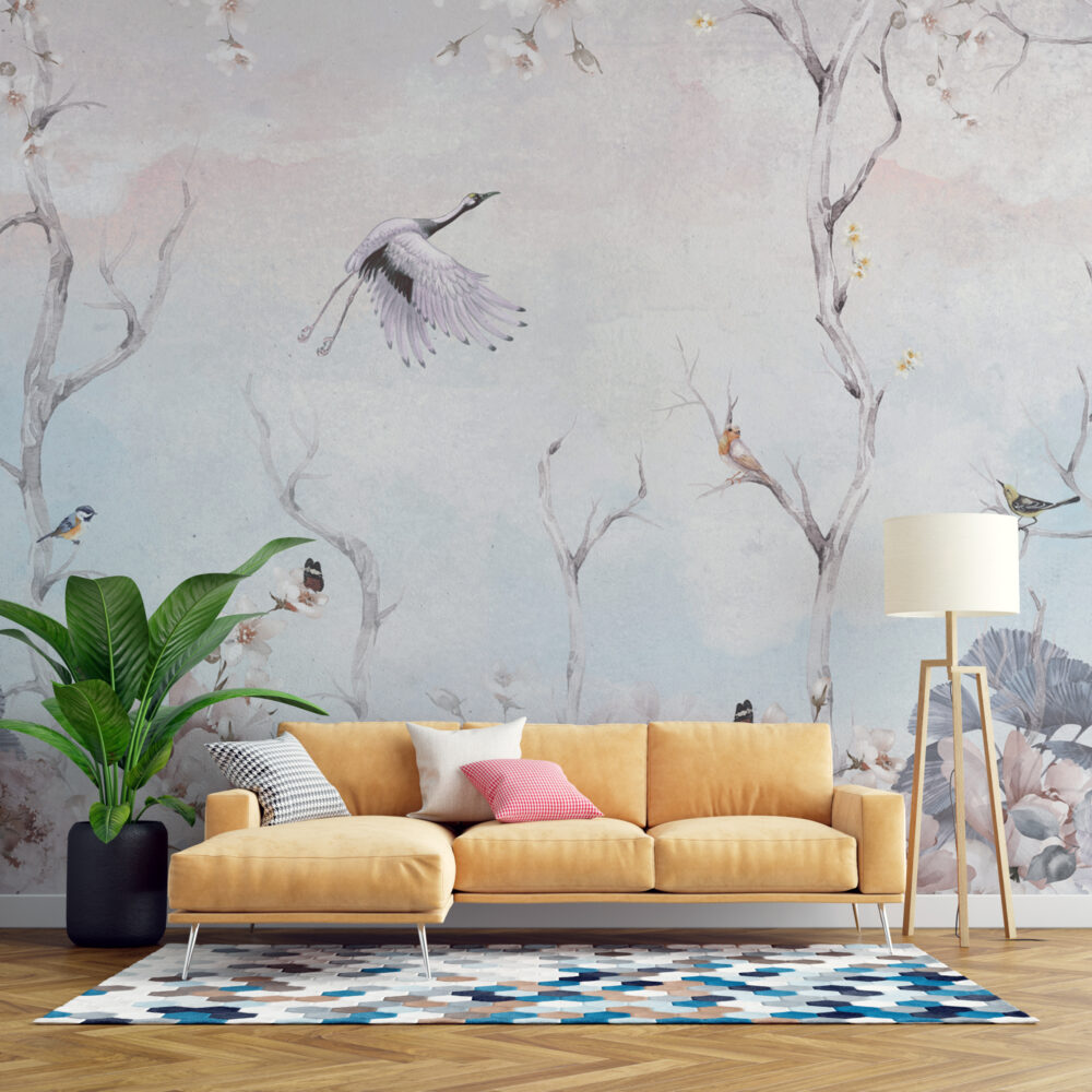 Blue Stork Branch Wallpaper : Pastel Flying Crane Mural - View 6