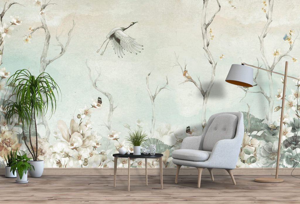 Sage Stork Branch Wallpaper : Misty Green Bird Mural - View 5