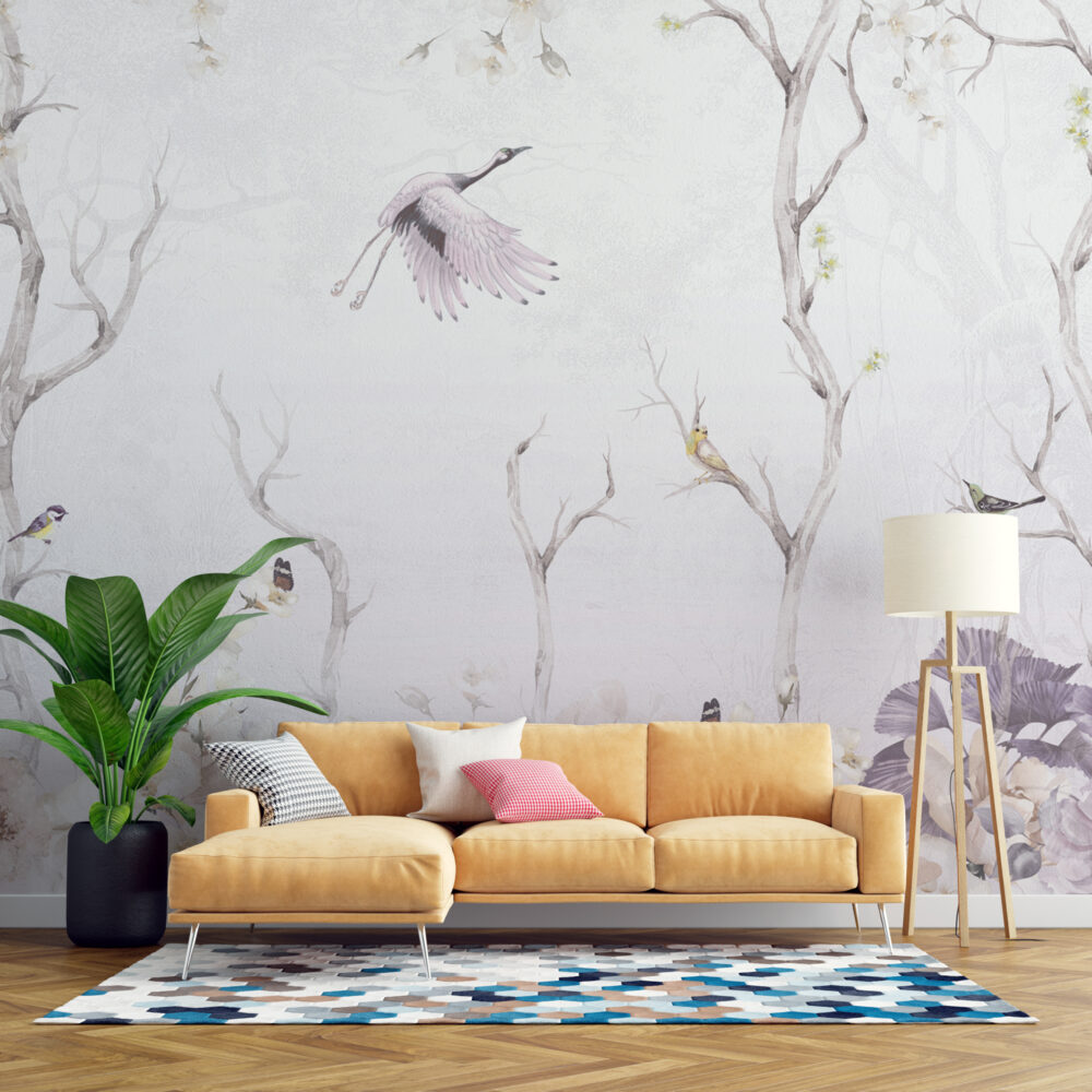 Pale Lilac Stork Wallpaper : Soft Bare Branch Mural - View 5