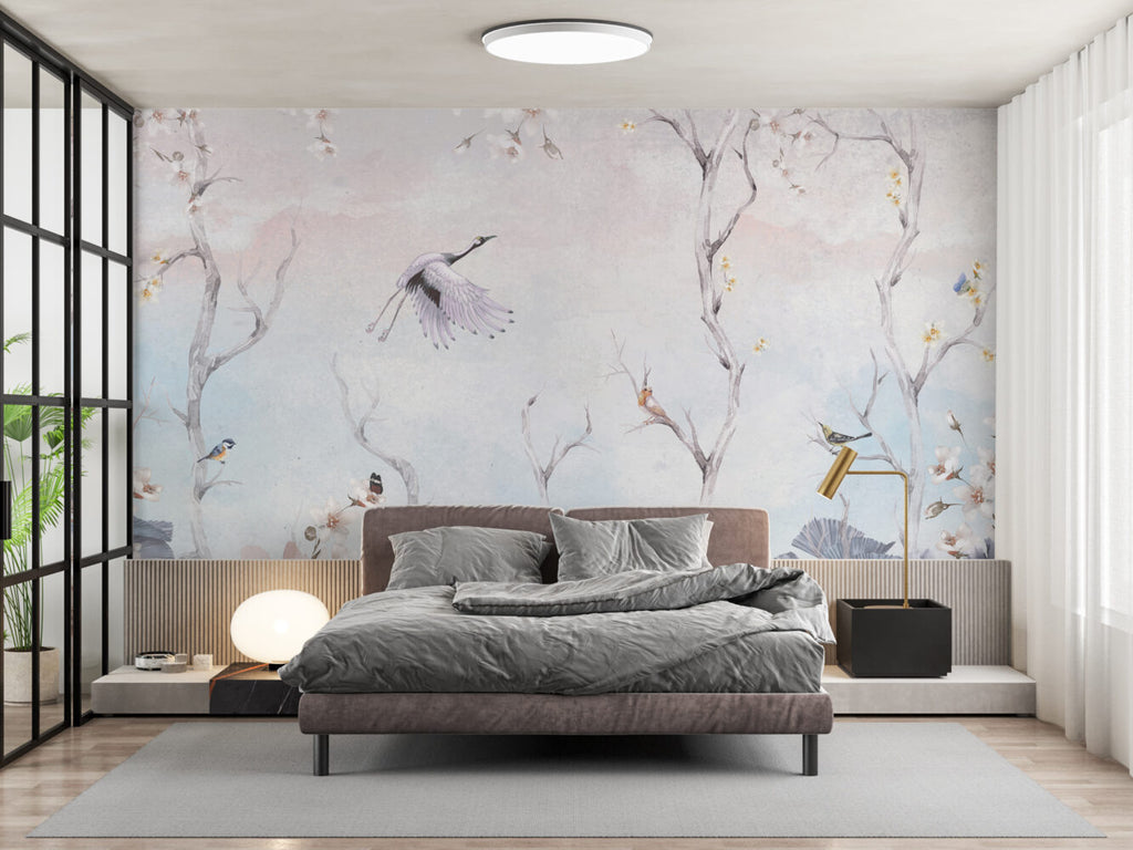Blue Stork Branch Wallpaper : Pastel Flying Crane Mural - View 3