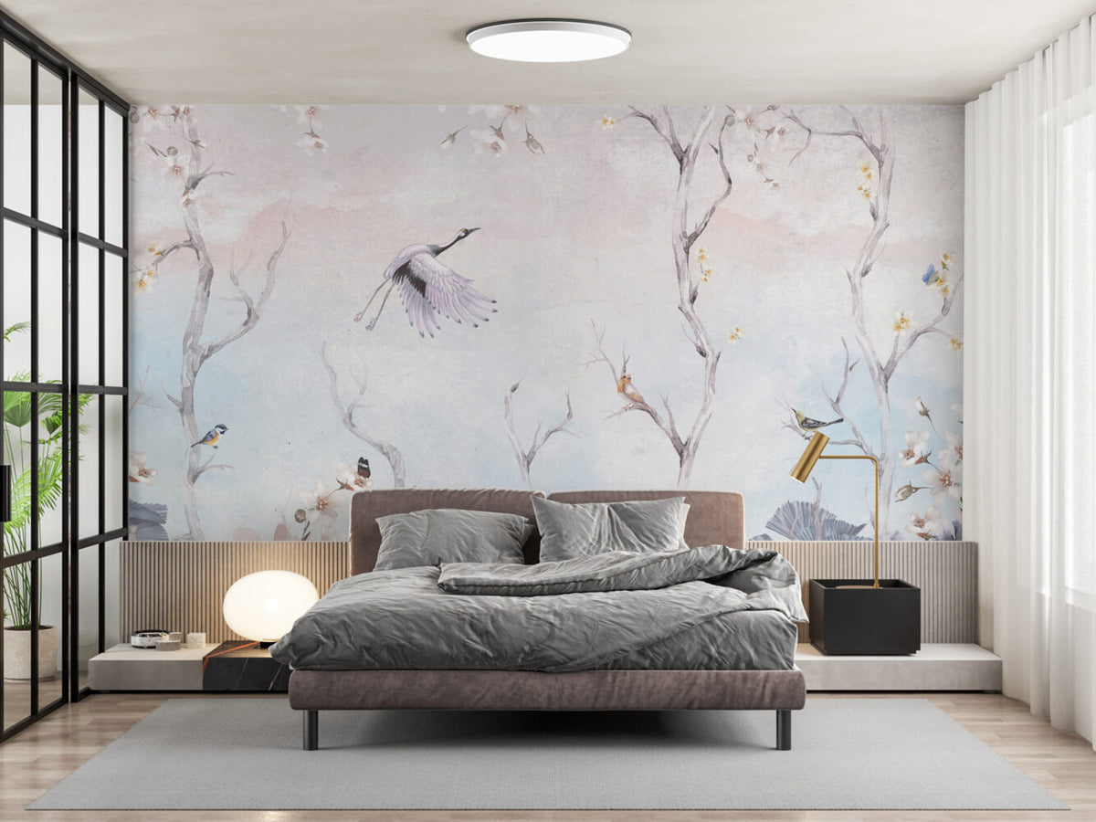 Blue Stork Branch Wallpaper : Pastel Flying Crane Mural - View 3