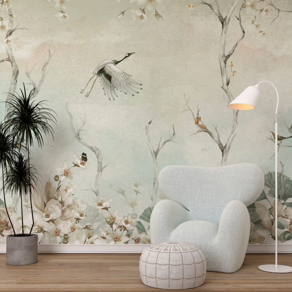 Sage Stork Branch Wallpaper : Misty Green Bird Mural - View 6