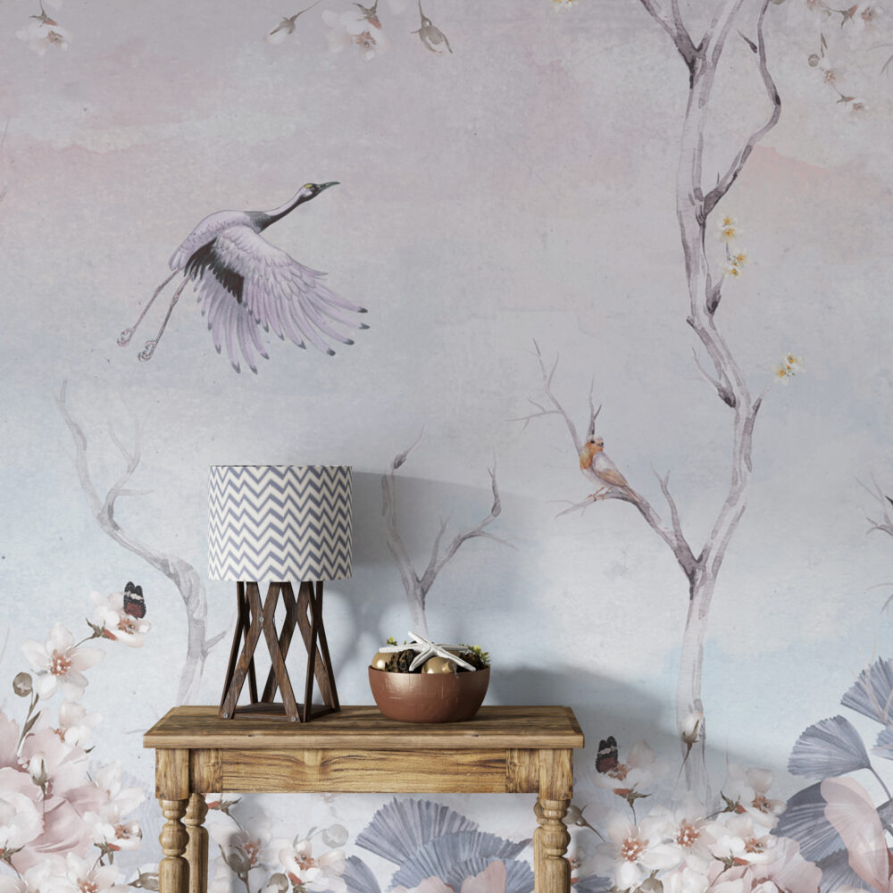 Blue Stork Branch Wallpaper : Pastel Flying Crane Mural - View 4