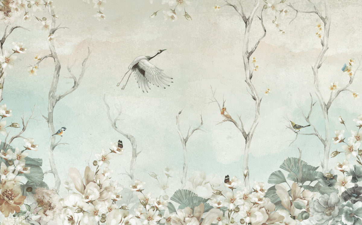Sage Stork Branch Wallpaper : Misty Green Bird Mural - View 2