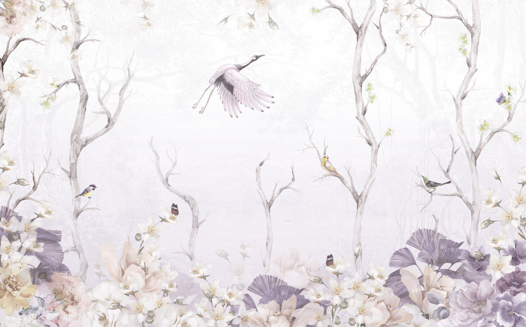 Pale Lilac Stork Wallpaper : Soft Bare Branch Mural - View 2