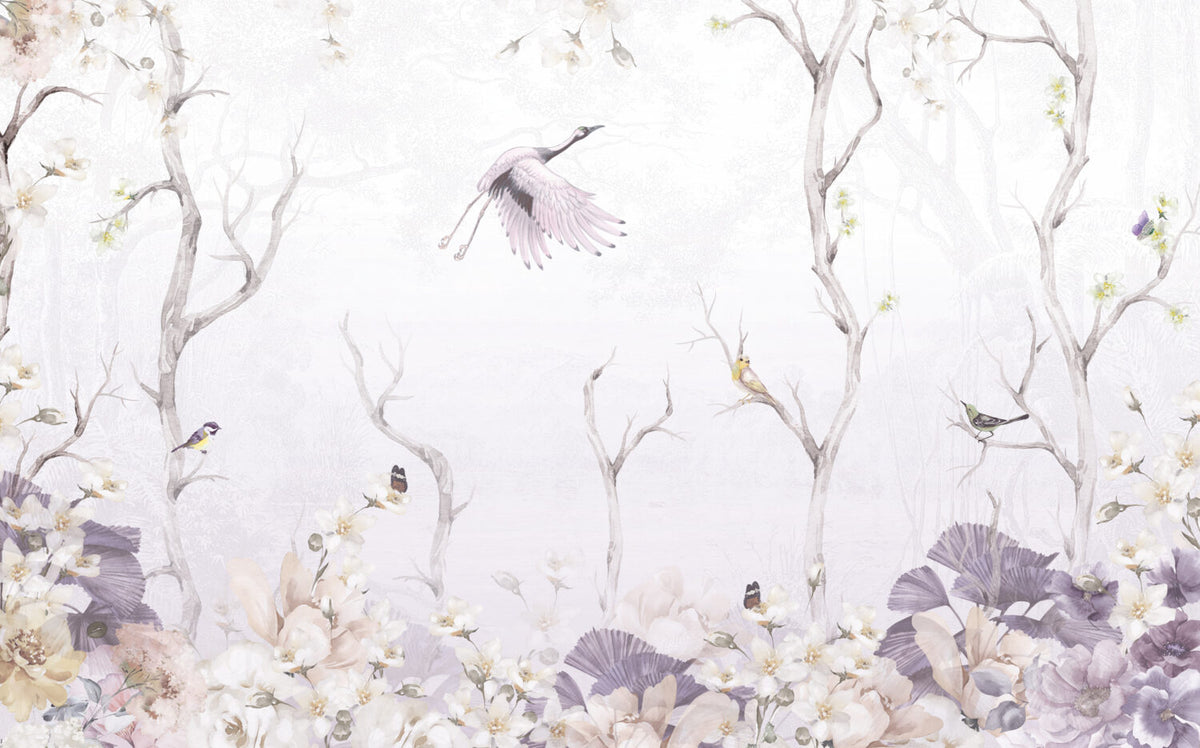 Pale Lilac Stork Wallpaper : Soft Bare Branch Mural - View 2