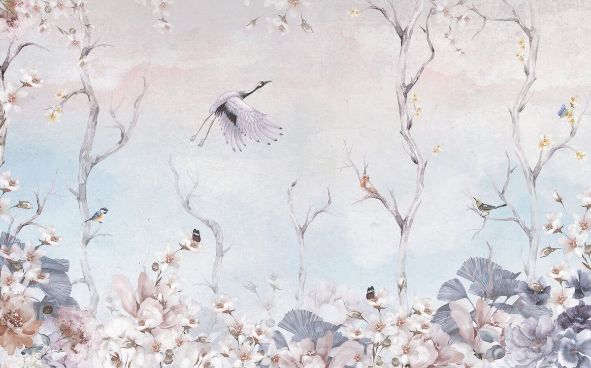 Blue Stork Branch Wallpaper : Pastel Flying Crane Mural - View 2
