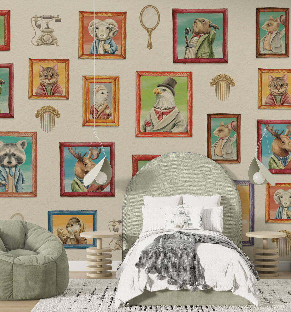Animal Portrait Gallery Wallpaper : Framed Dapper Animals Mural