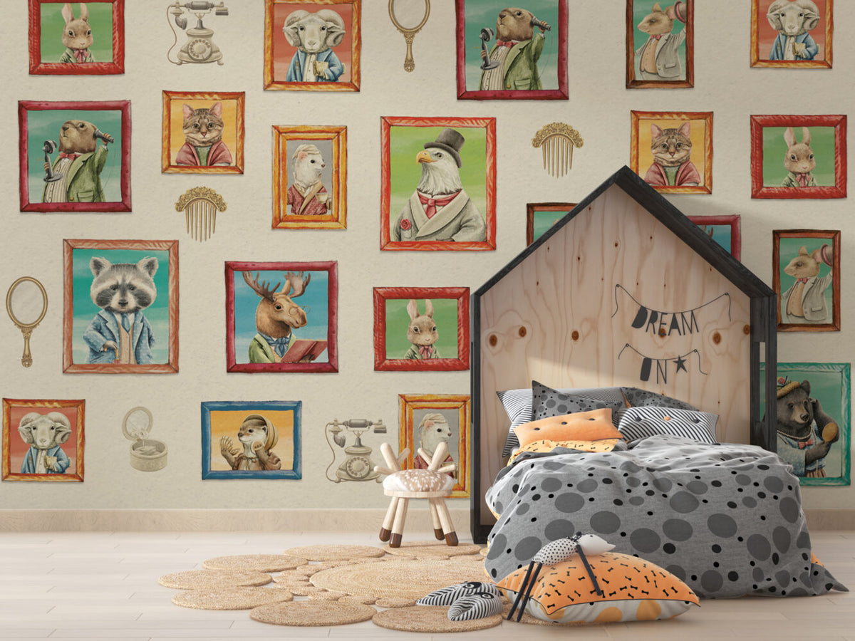 Animal Portrait Gallery Wallpaper : Framed Dapper Animals Mural - View 5
