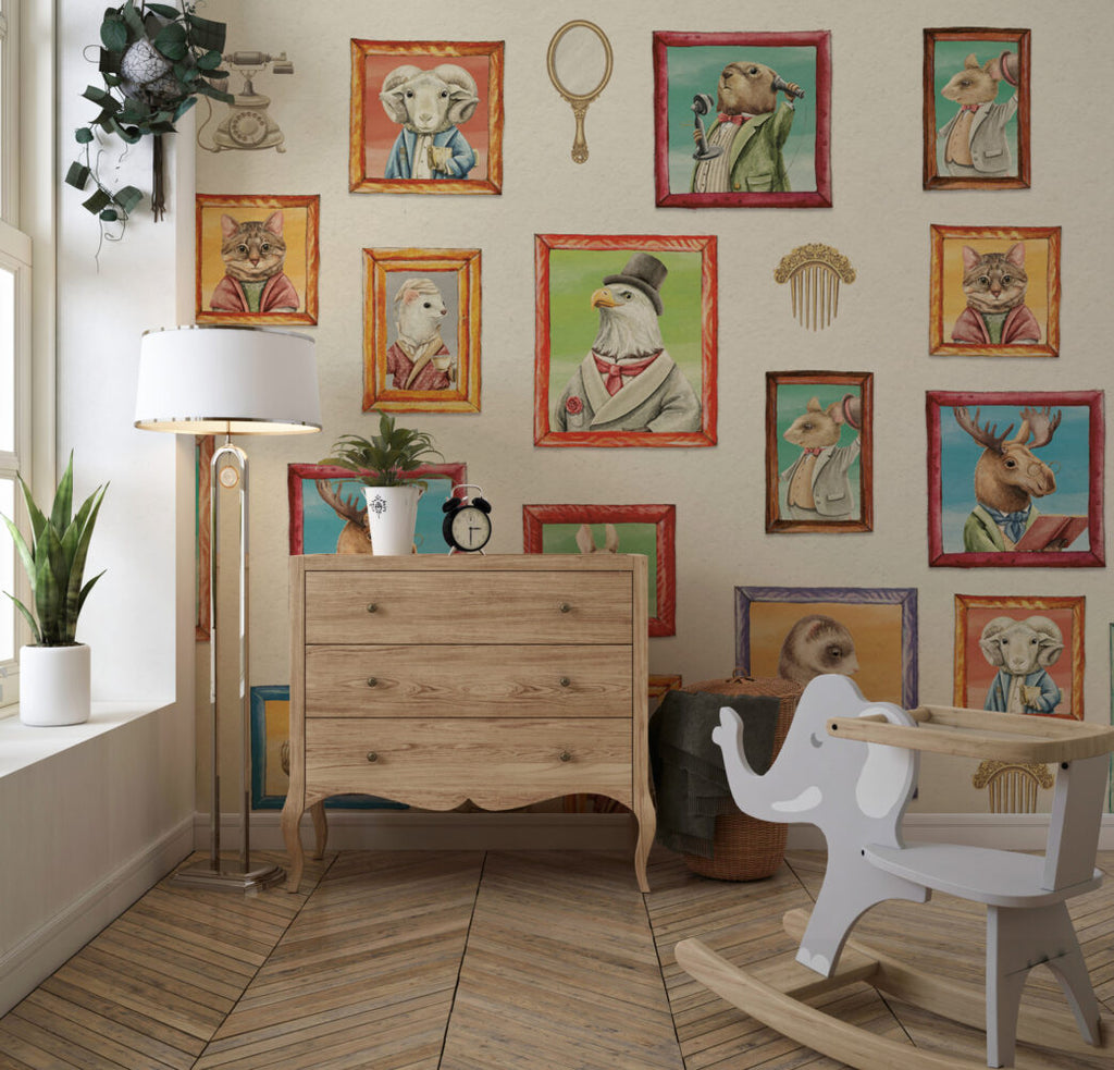 Animal Portrait Gallery Wallpaper : Framed Dapper Animals Mural - View 6