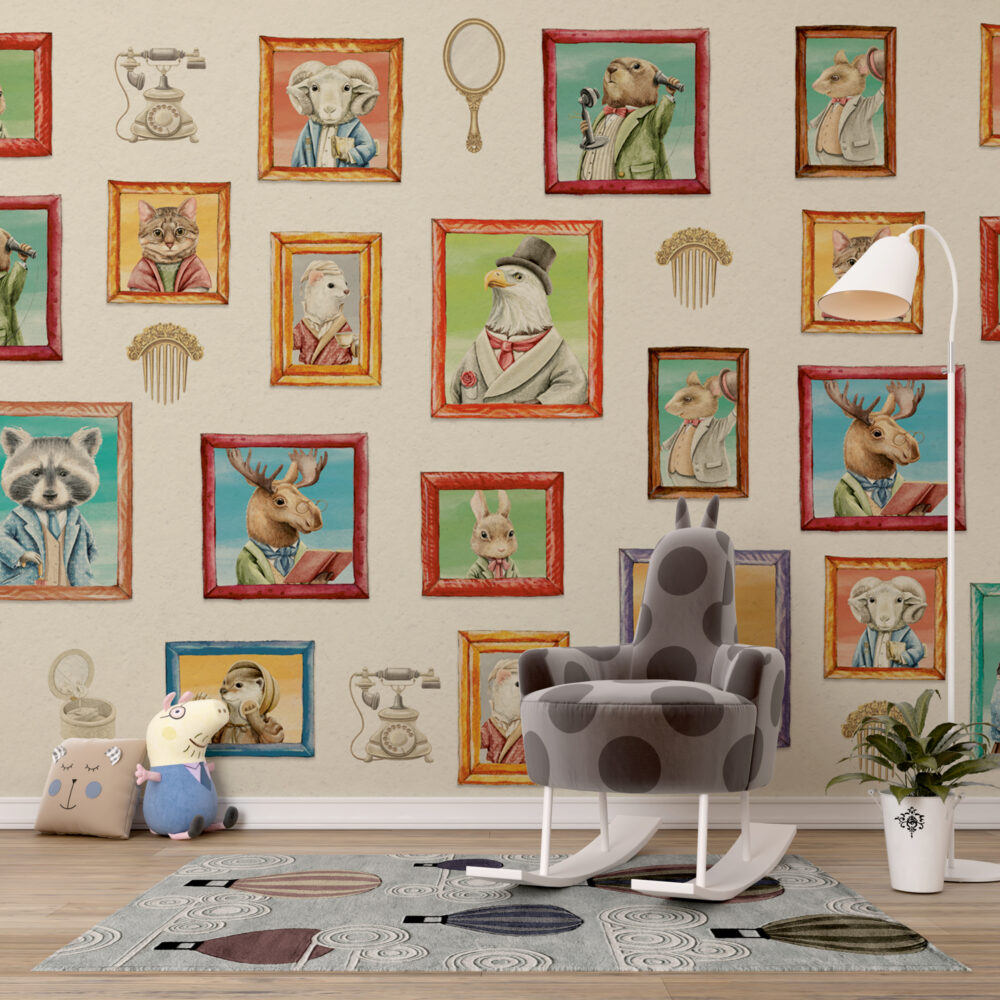 Animal Portrait Gallery Wallpaper : Framed Dapper Animals Mural - View 3