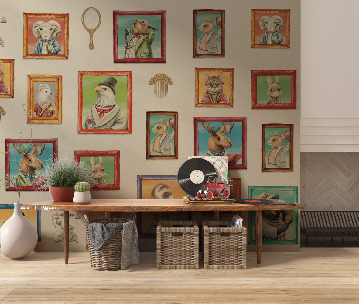 Animal Portrait Gallery Wallpaper : Framed Dapper Animals Mural - View 4