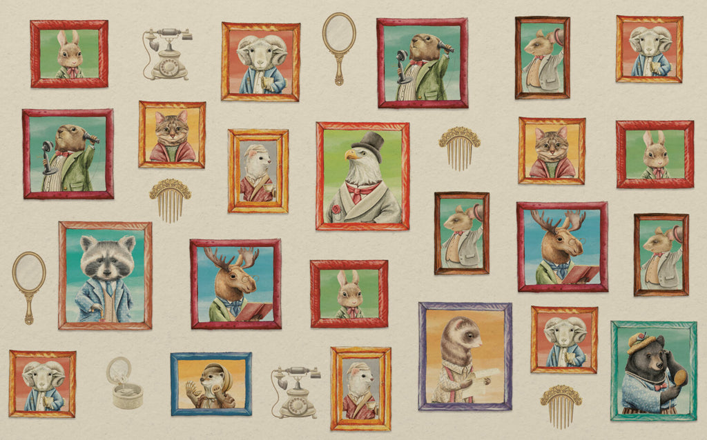 Animal Portrait Gallery Wallpaper : Framed Dapper Animals Mural - View 2