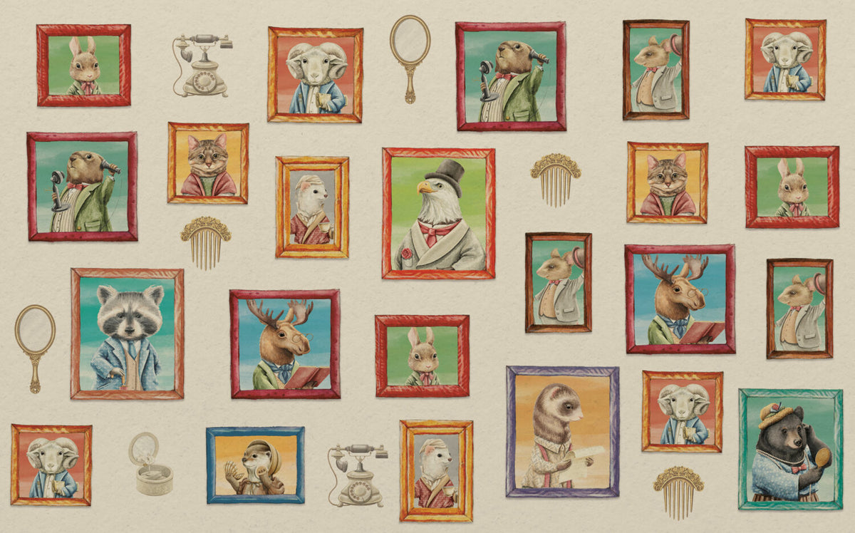 Animal Portrait Gallery Wallpaper : Framed Dapper Animals Mural - View 2