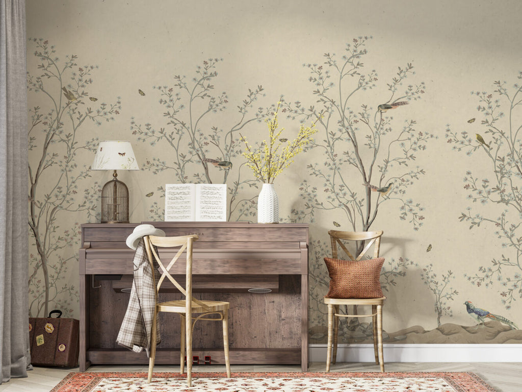 Cream Blossom Branch Wallpaper : Beige Chinoiserie Birds Mural - View 5