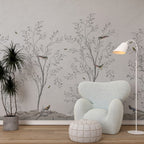 Grey Blossom Branch Wallpaper : Chinoiserie Birds Mural - View 4