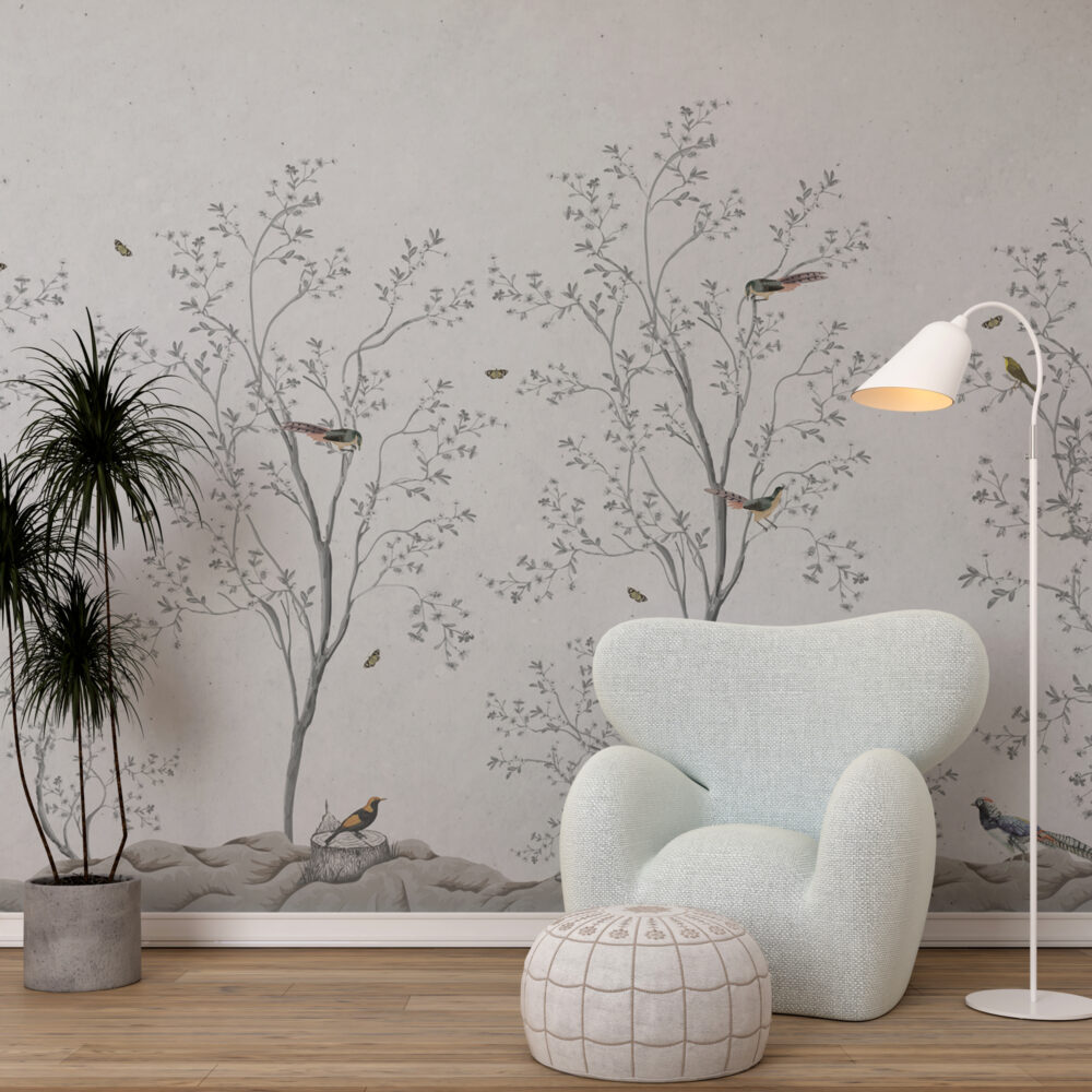 Grey Blossom Branch Wallpaper : Chinoiserie Birds Mural - View 4