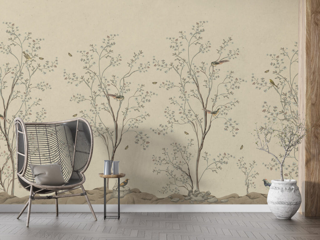 Cream Blossom Branch Wallpaper : Beige Chinoiserie Birds Mural