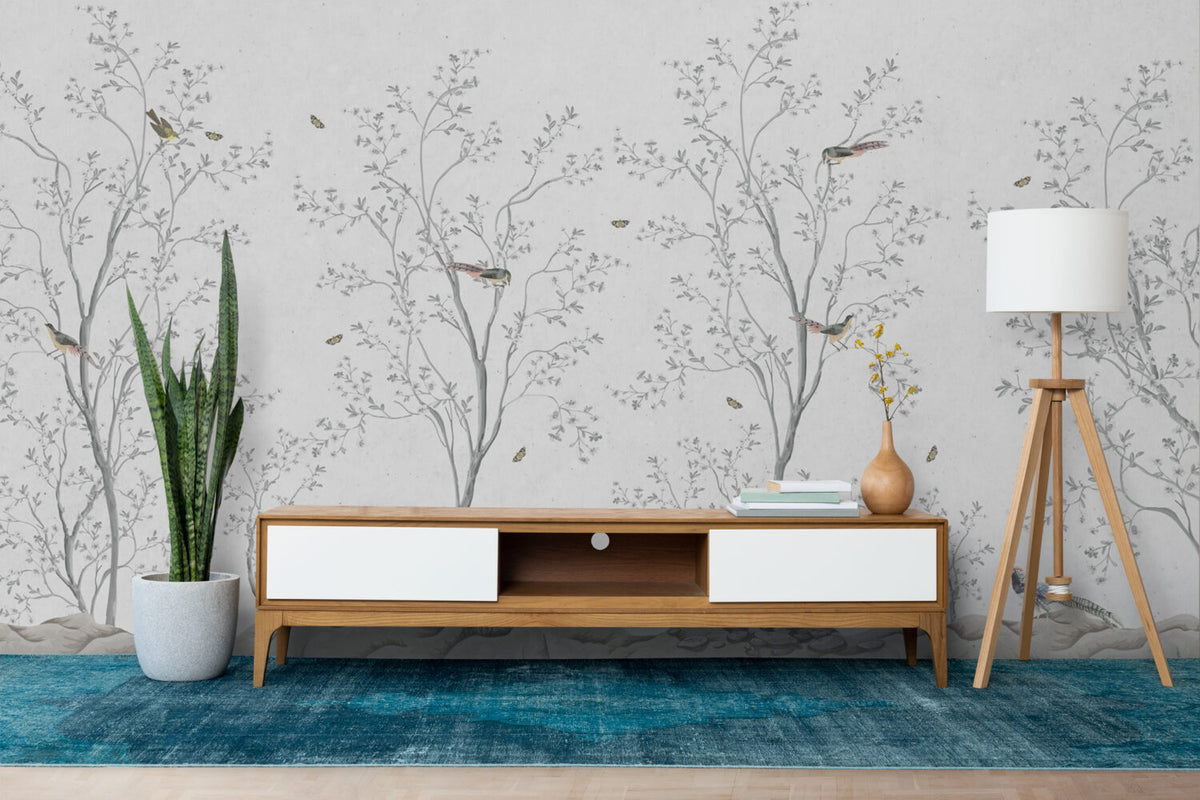 Grey Blossom Branch Wallpaper : Chinoiserie Birds Mural - View 5
