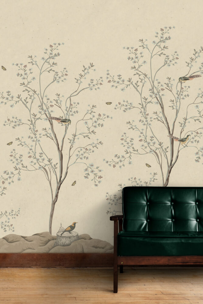 Cream Blossom Branch Wallpaper : Beige Chinoiserie Birds Mural - View 6