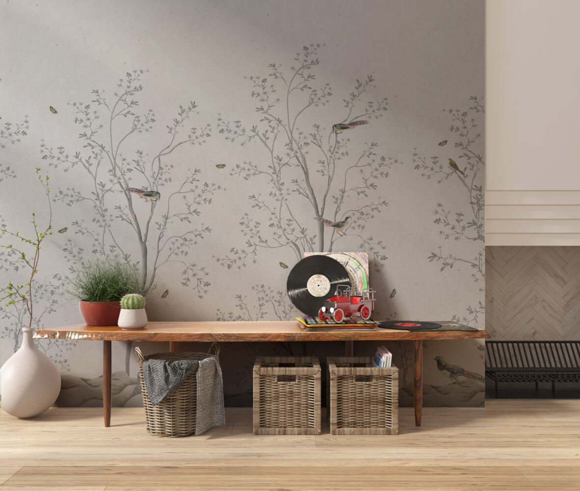 Grey Blossom Branch Wallpaper : Chinoiserie Birds Mural - View 6
