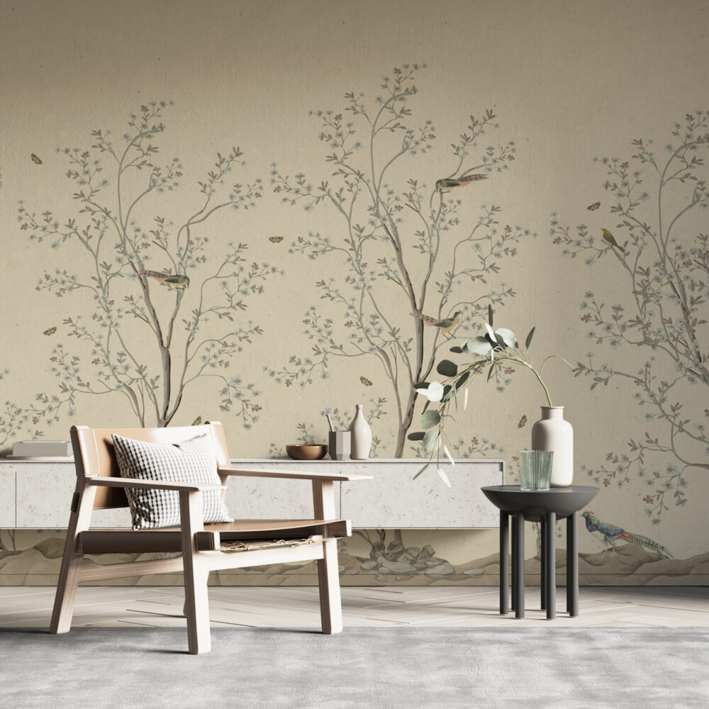 Cream Blossom Branch Wallpaper : Beige Chinoiserie Birds Mural - View 3