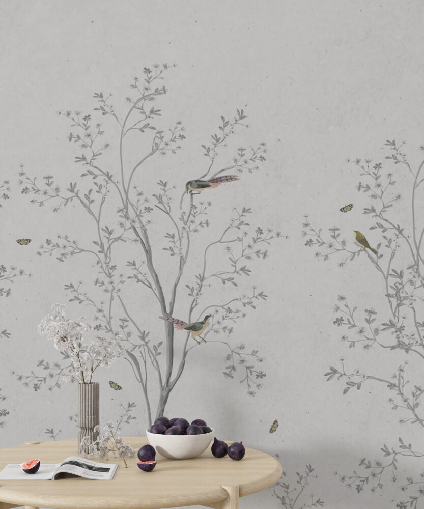 Grey Blossom Branch Wallpaper : Chinoiserie Birds Mural - View 3