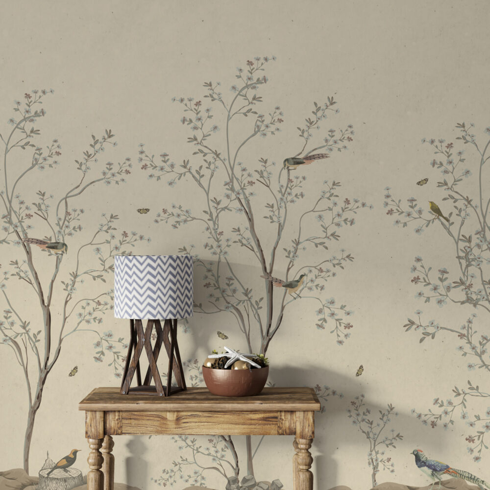 Cream Blossom Branch Wallpaper : Beige Chinoiserie Birds Mural - View 4