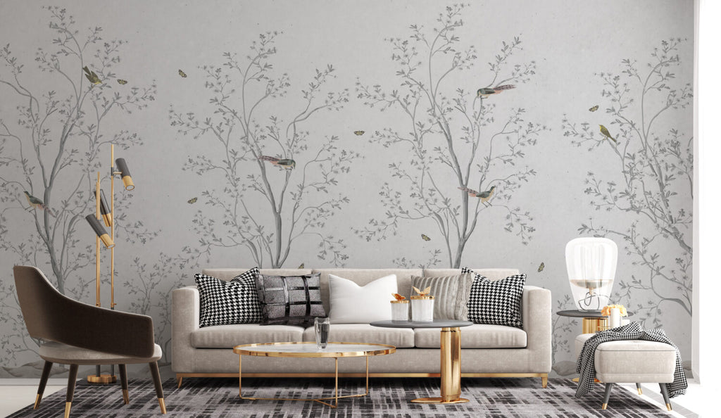 Grey Blossom Branch Wallpaper : Chinoiserie Birds Mural