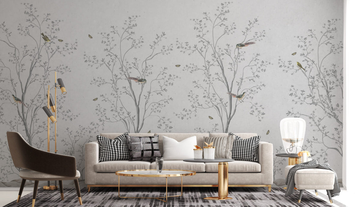 Grey Blossom Branch Wallpaper : Chinoiserie Birds Mural