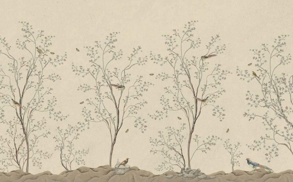 Cream Blossom Branch Wallpaper : Beige Chinoiserie Birds Mural - View 2