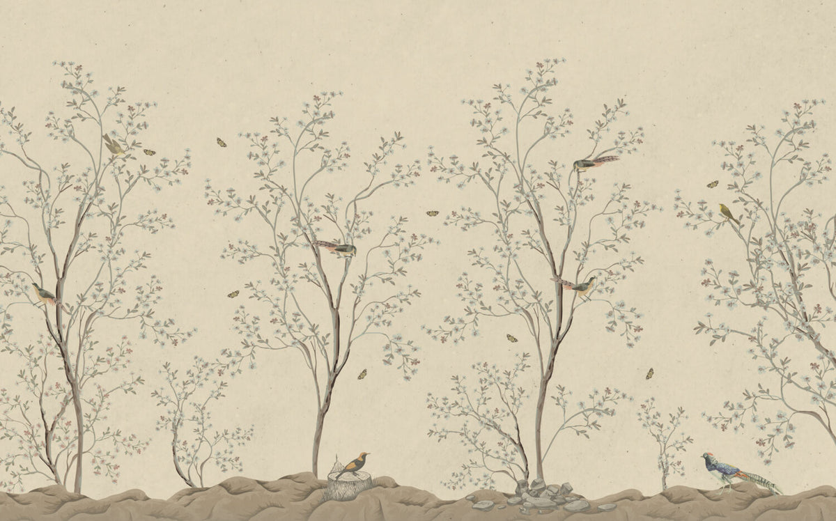Cream Blossom Branch Wallpaper : Beige Chinoiserie Birds Mural - View 2
