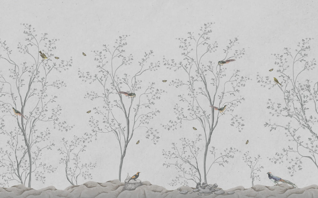 Grey Blossom Branch Wallpaper : Chinoiserie Birds Mural - View 2