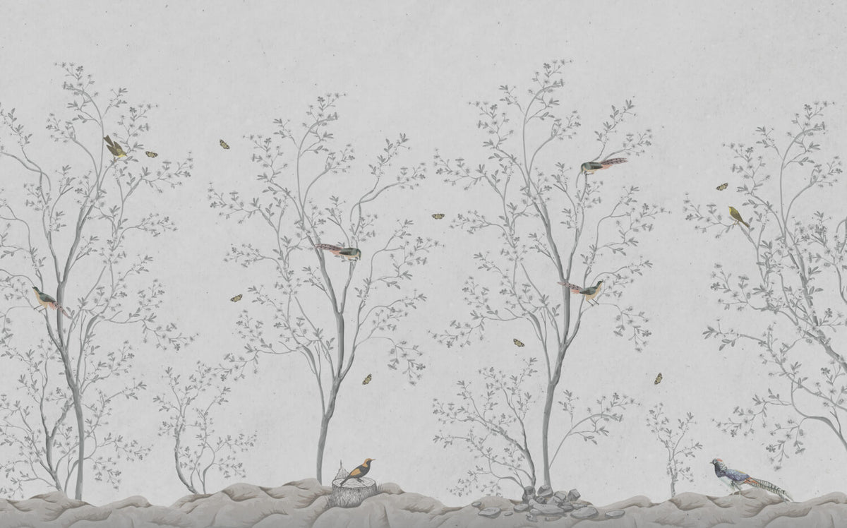 Grey Blossom Branch Wallpaper : Chinoiserie Birds Mural - View 2