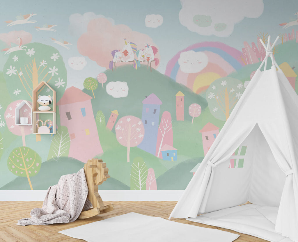 Pastel Fairy Village Wallpaper : Rainbow Houses Kids Mural