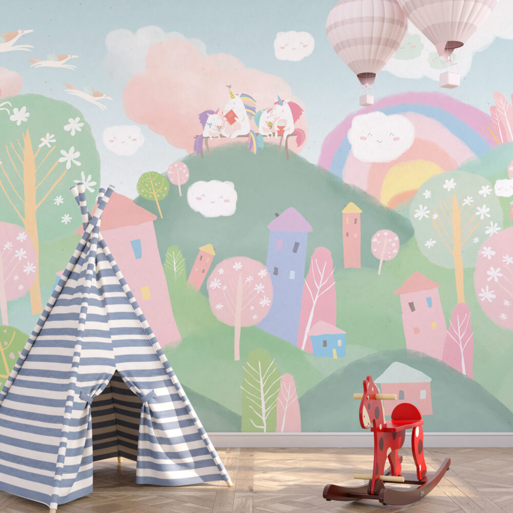 Pastel Fairy Village Wallpaper : Rainbow Houses Kids Mural - View 6