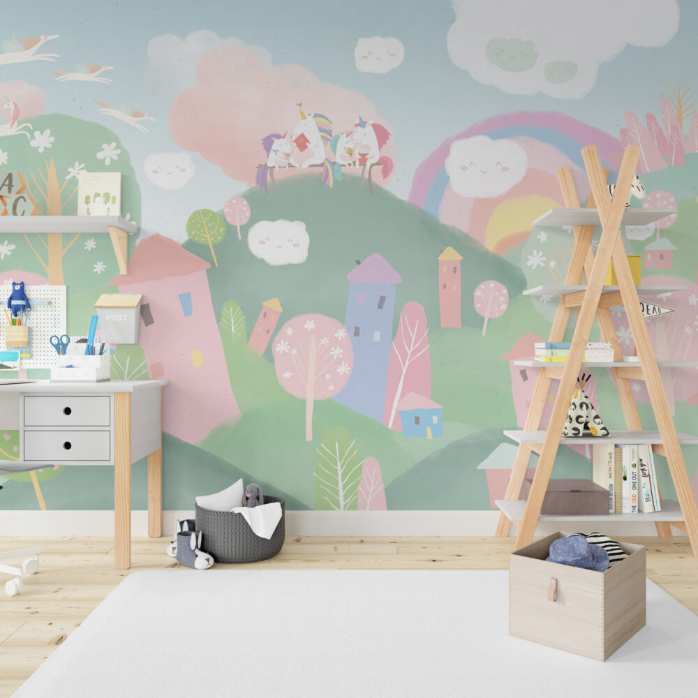 Pastel Fairy Village Wallpaper : Rainbow Houses Kids Mural - View 3