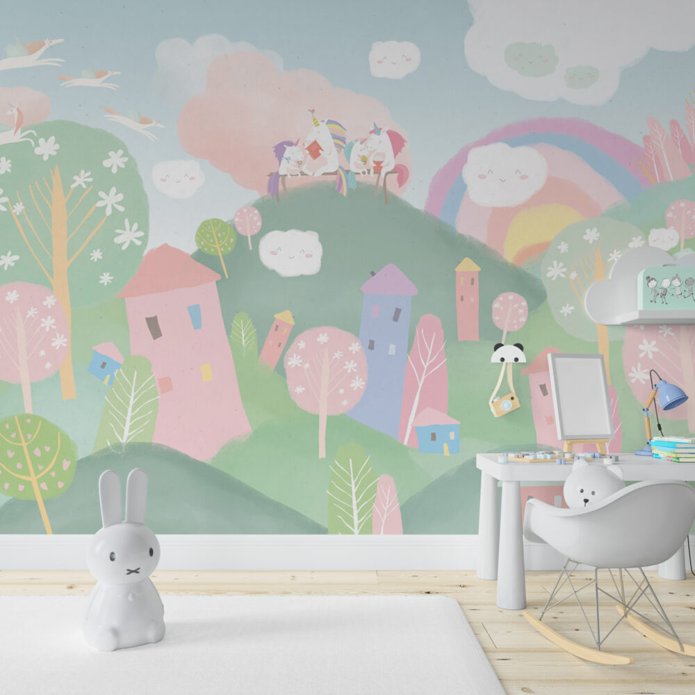 Pastel Fairy Village Wallpaper : Rainbow Houses Kids Mural - View 4