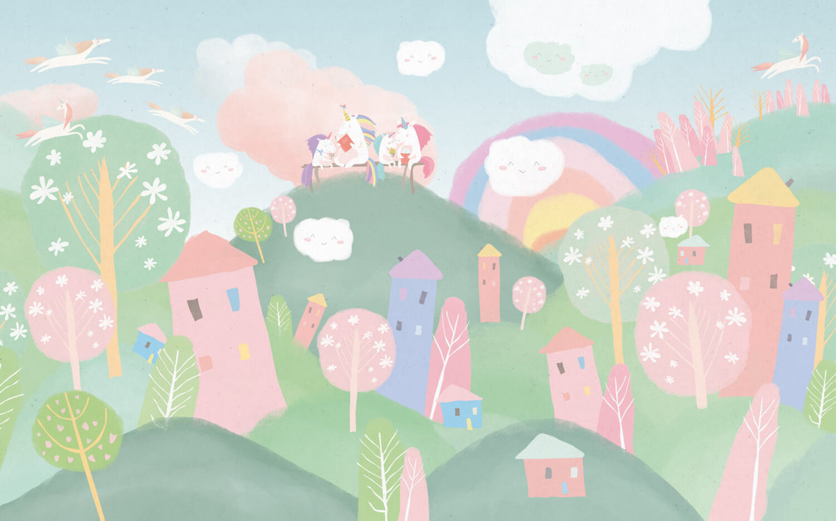 Pastel Fairy Village Wallpaper : Rainbow Houses Kids Mural - View 2