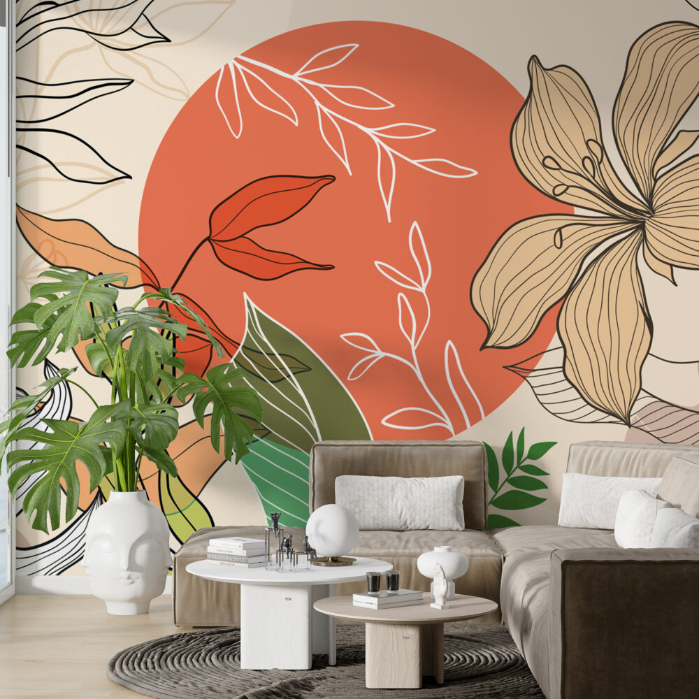 Coral Sun Line Floral Wallpaper : Boho Leaves Mural - View 5
