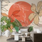 Coral Sun Line Floral Wallpaper : Boho Leaves Mural - View 5