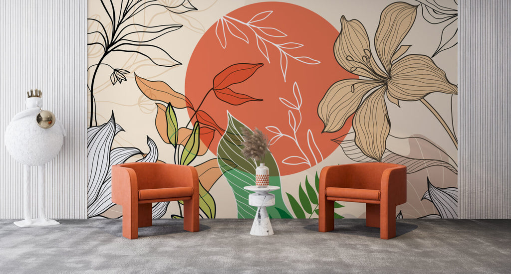 Coral Sun Line Floral Wallpaper : Boho Leaves Mural - View 6