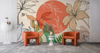 Coral Sun Line Floral Wallpaper : Boho Leaves Mural - View 6