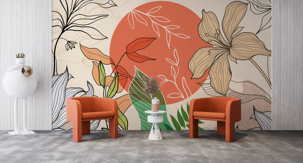 Coral Sun Line Floral Wallpaper : Boho Leaves Mural - View 6