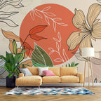 Coral Sun Line Floral Wallpaper : Boho Leaves Mural - View 3