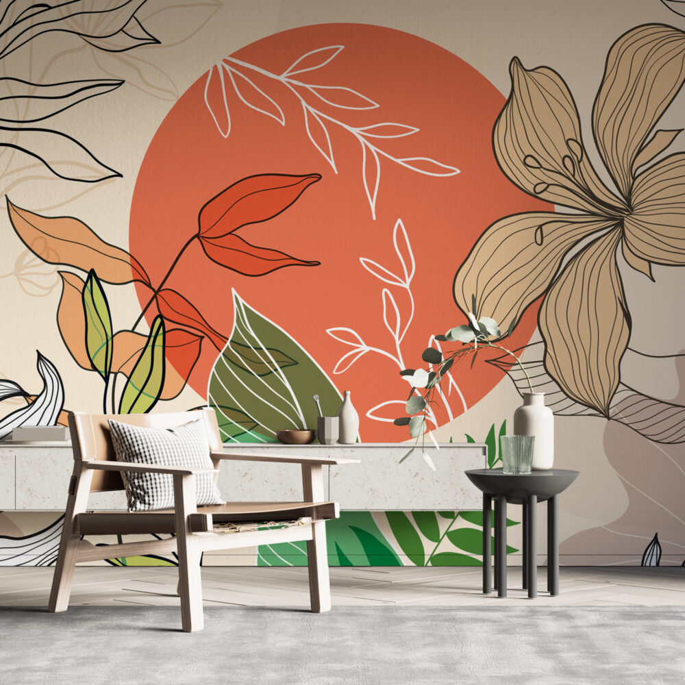 Coral Sun Line Floral Wallpaper : Boho Leaves Mural - View 4