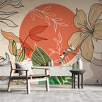 Coral Sun Line Floral Wallpaper : Boho Leaves Mural - View 4