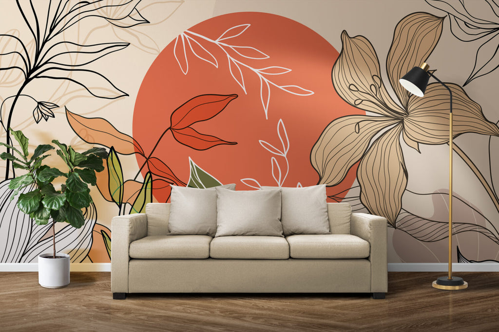 Coral Sun Line Floral Wallpaper : Boho Leaves Mural
